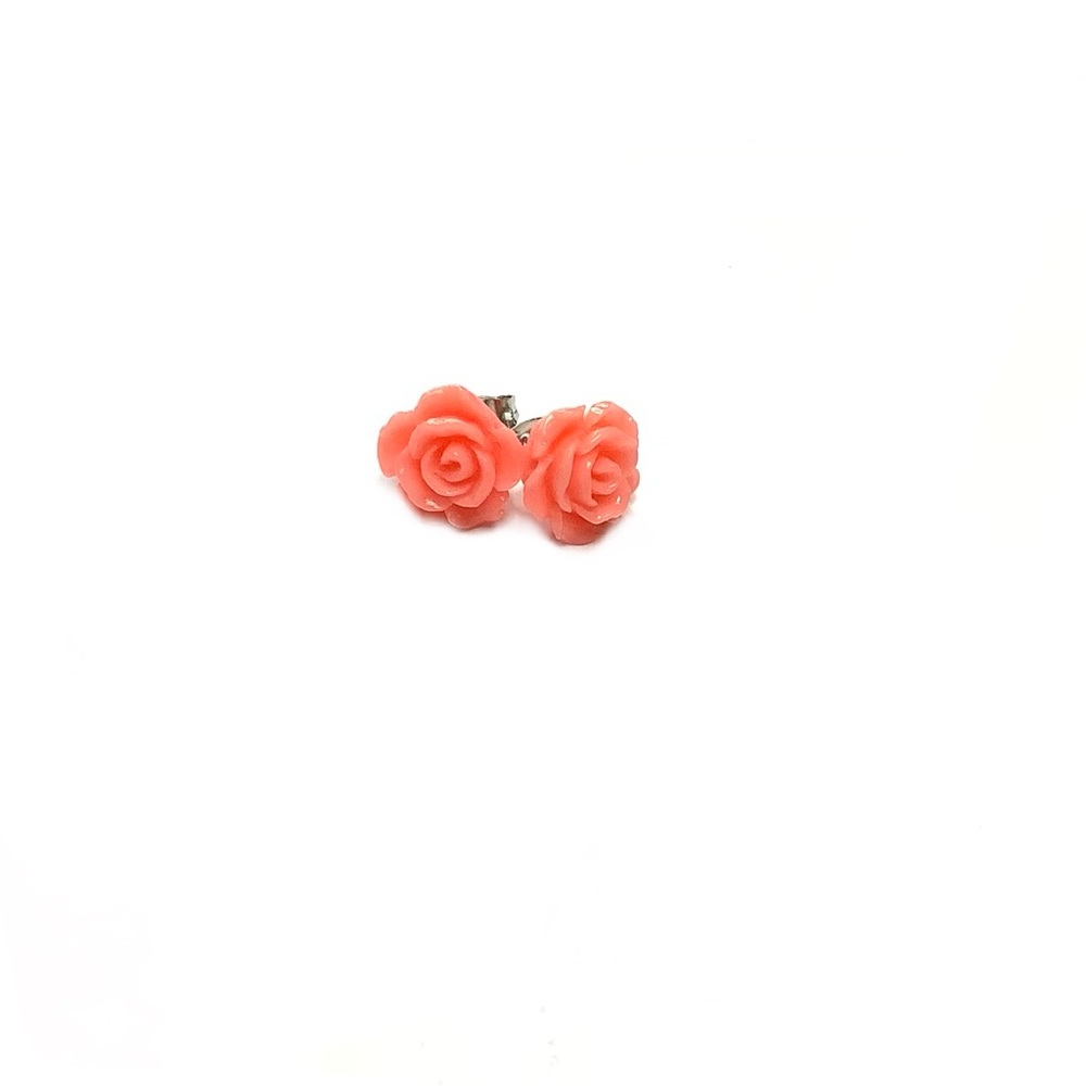 Coral Orange/Pink Rose Flower Stud Earrings - Picture 2 of 7